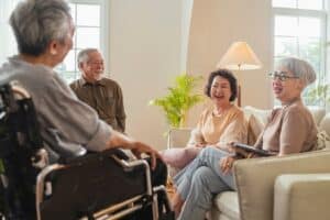 old senior asian friends retired people hapiness positive laugh
